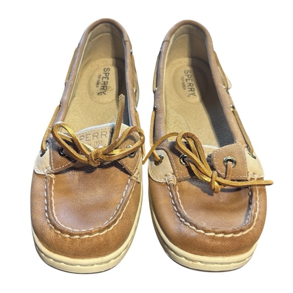 Sperry Top Sider ANGELFISH Tan Leather Gold Sparkle Linen Boat Shoes 7.5 women - Picture 2 of 8